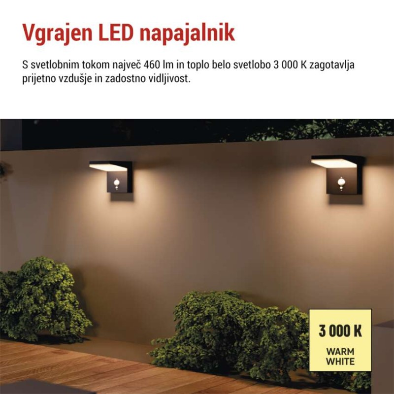 Vrtna LED stenska svetilka VEREA s PIR senzorjem, 10,7 x 15,4 x 13 cm