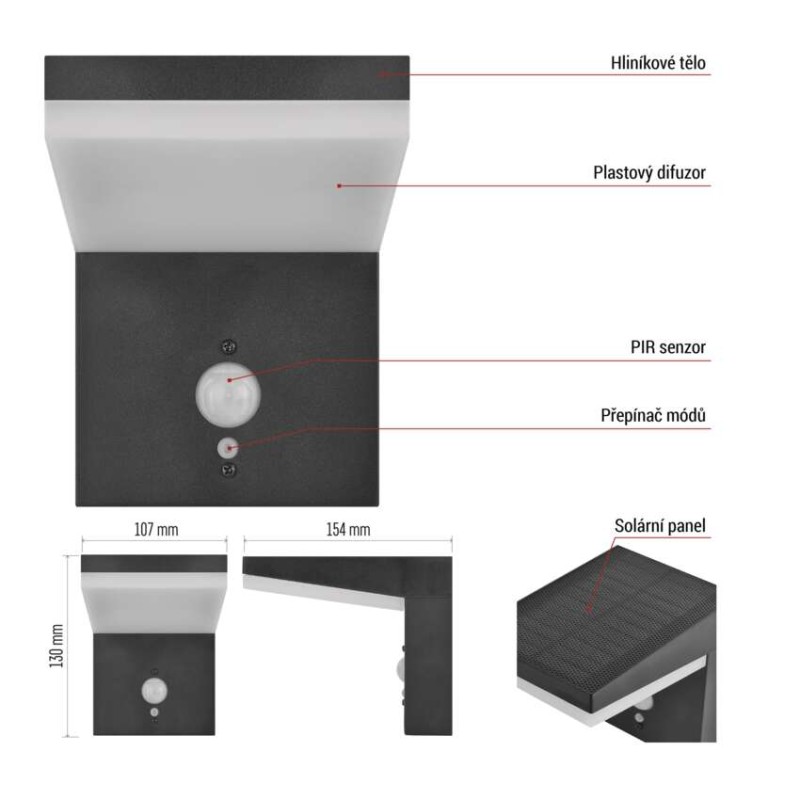 LED zahradní solární nástěnné svítidlo VEREA, čidlo soumraku, 10,7 x 15,4 x 13 cm