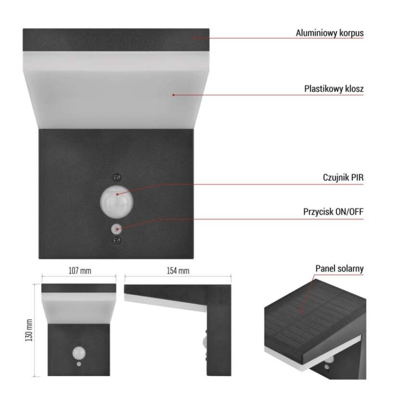 Lampa LED naścienna Garden VEREA solarna, ciepła biel, max 460 lm, IP44, PIR