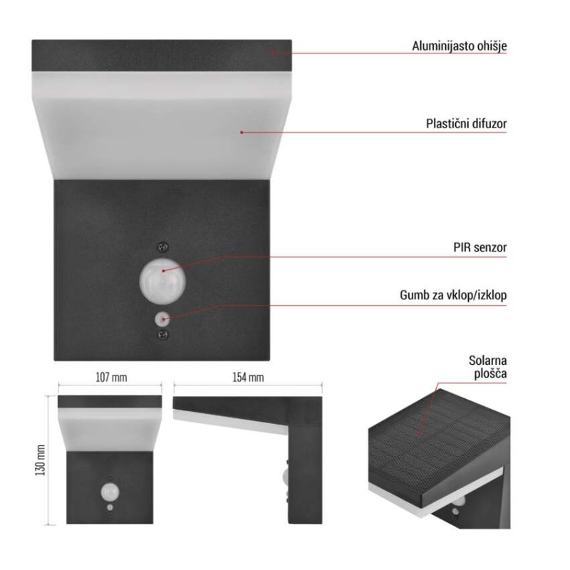 Vrtna LED stenska svetilka VEREA s PIR senzorjem, 10,7 x 15,4 x 13 cm