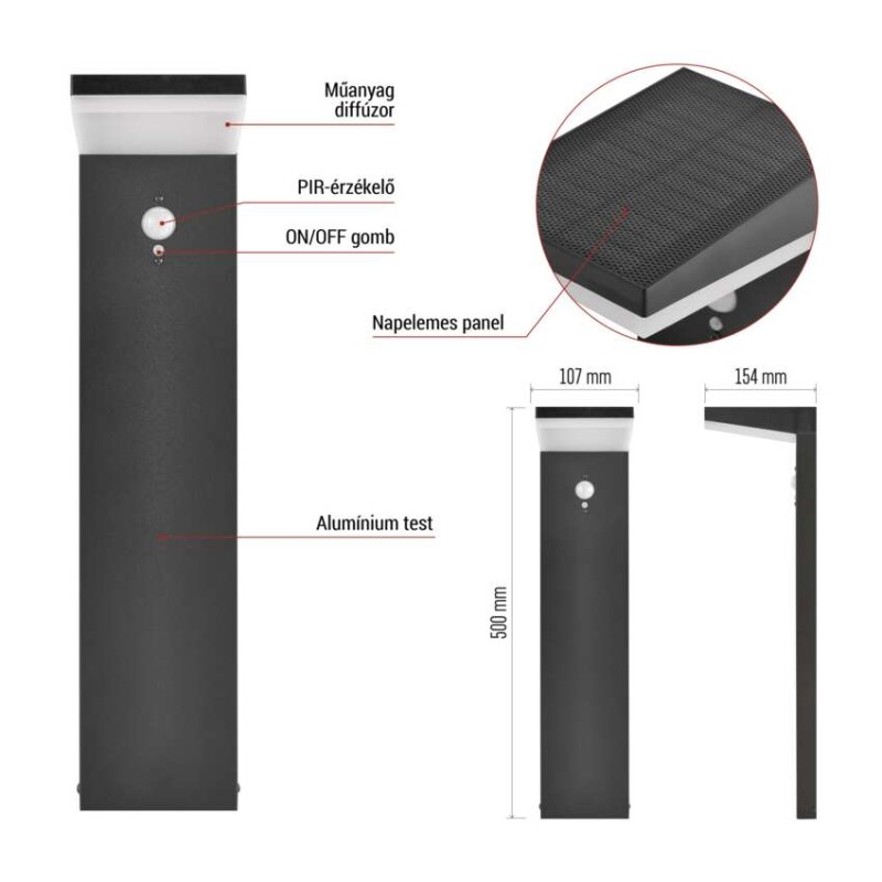 LED napelemes kerti fali lámpa VEREA szürkületérzékelővel, 10,7 x 15,4 x 50 cm