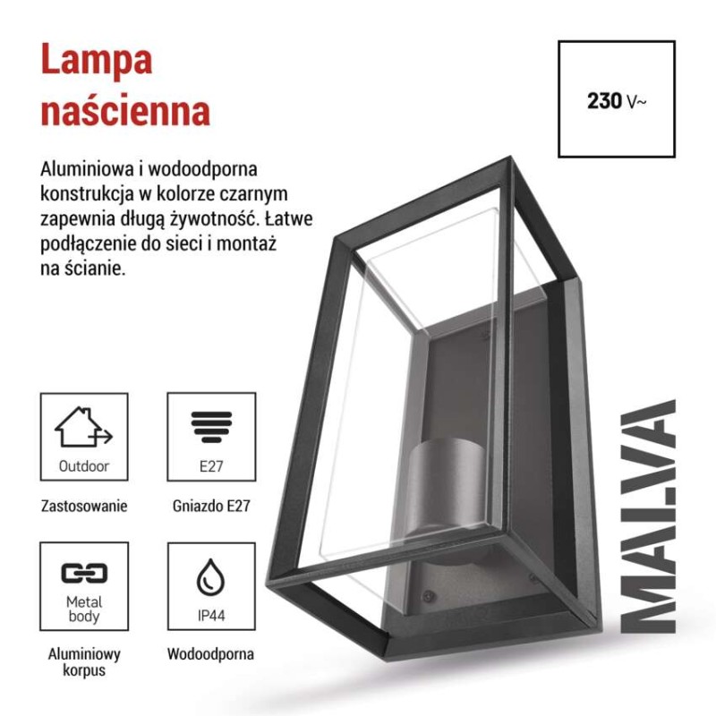 Lampa naścienna Garden MALVA, na żarówkę E27 max 15W, IP44