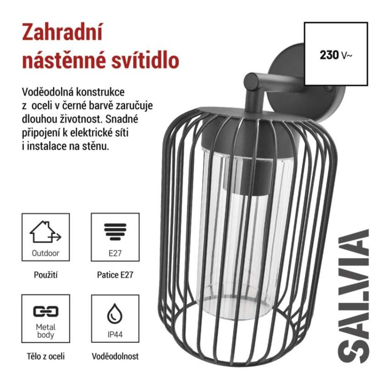 Zahradní nástěnné svítidlo SALVIA, 20,8 x 16 x 28,5 cm, 1 x E27, 15 W