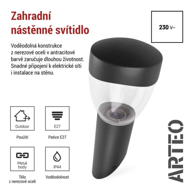 Zahradní nástěnné svítidlo ARTEO, 12 x 12 x 33 cm, 1 x E27, 15 W