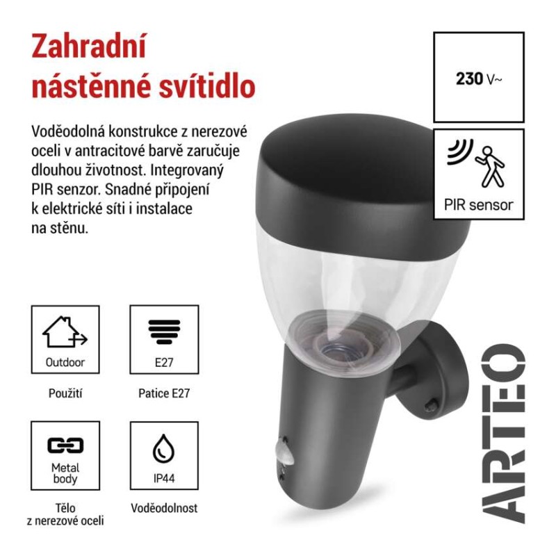 Zahradní nástěnné svítidlo ARTEO, čidlo soumraku, 16,4 x 12 x 29,5 cm, 1 x E27, 15 W