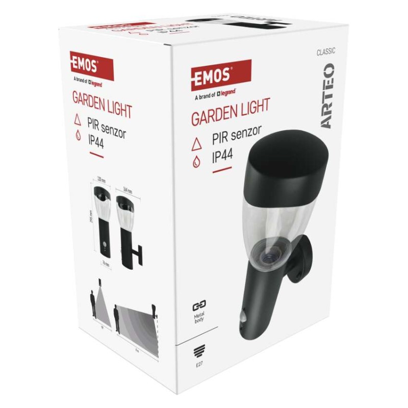 Záhradné nástenné svietidlo ARTEO, senzor súmraku, 16,4 x 12 x 29,5 cm, 1 x E27, 15 W