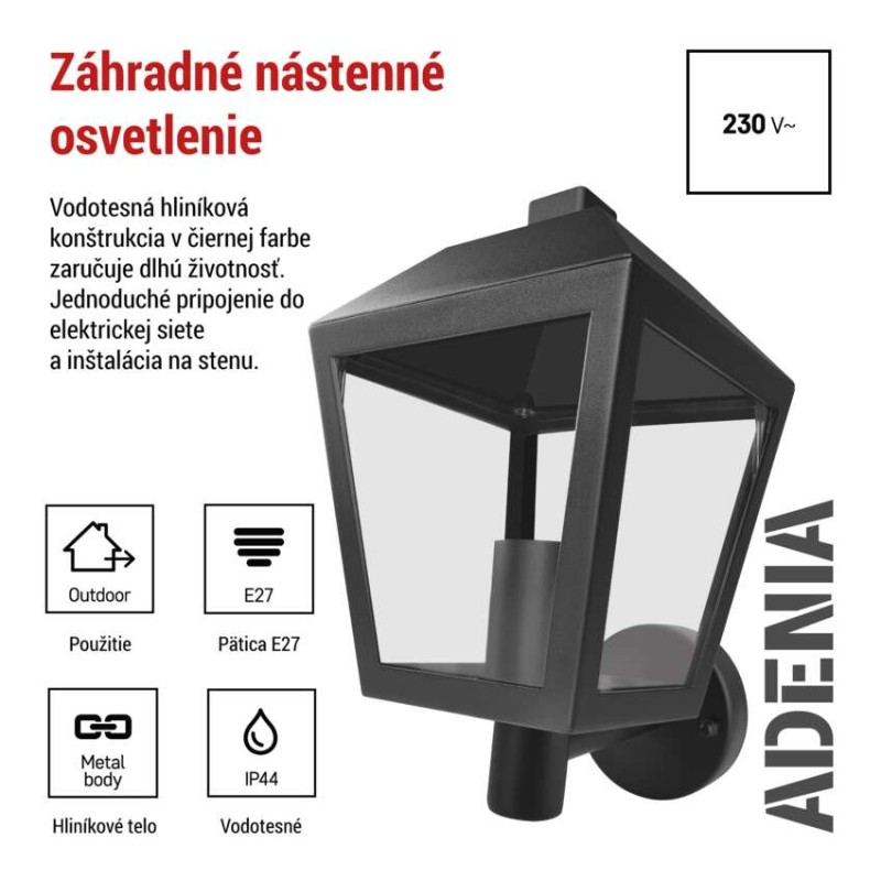 Záhradné nástenné svietidlo ADENIA, 19,8 x 15 x 27,8 cm, 1 x E27, 15 W