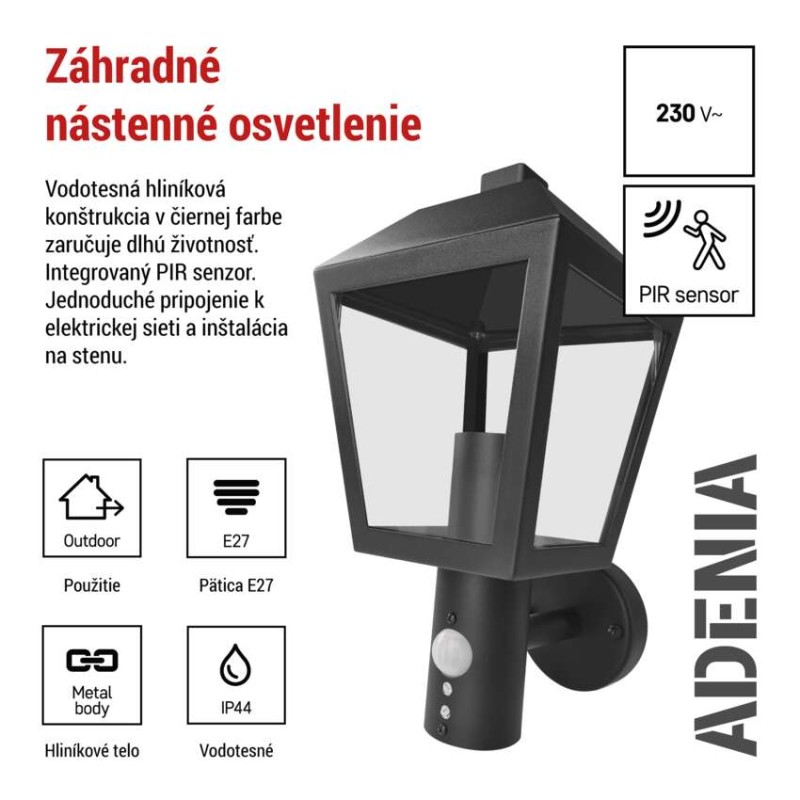 Záhradné nástenné svietidlo ADENIA, senzor súmraku, 19,8 x 15 x 29,8 cm, 1 x E27, 15 W