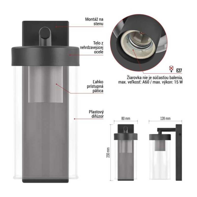 Záhradné nástenné svietidlo ZALA,  12,8 × 8,0 × 23,0 cm, 1 × E27, 15 W