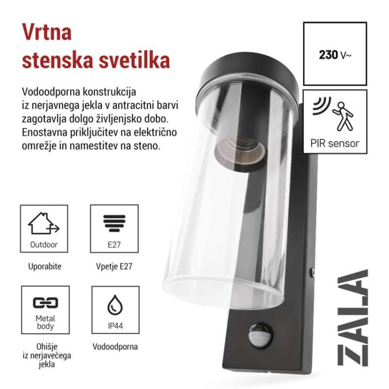 Vrtna stenska svetilka ZALA s PIR senzorjem, 12,8 x 8 x 28 cm, 1 x E27, 15 W