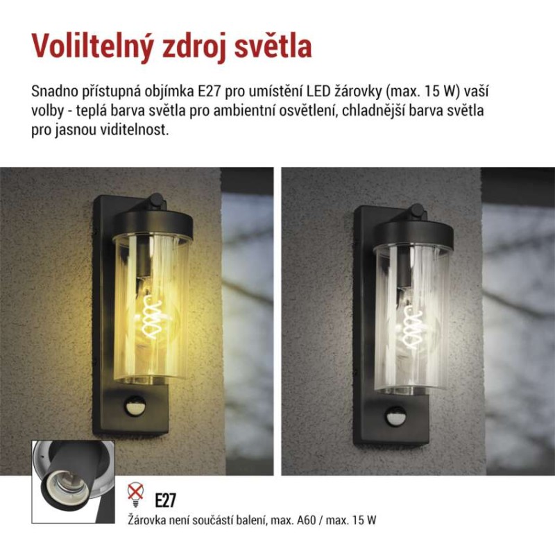 Zahradní nástěnné svítidlo ZALA, čidlo soumraku, 12,8 × 8 × 28 cm, 1 × E27, 15 W