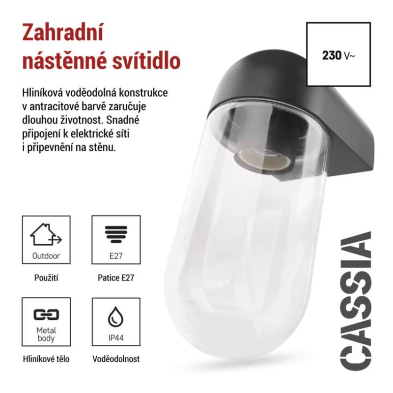 Zahradní nástěnné svítidlo CASSIA, 12,6 x 9,5 x 22,2 cm, 1 x E27, 15 W