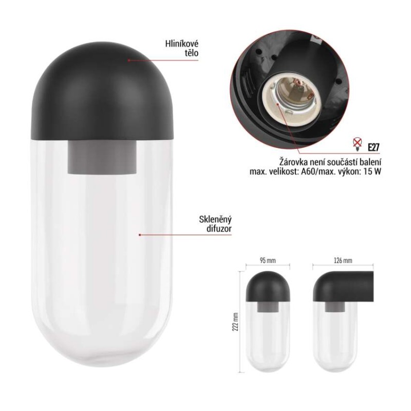 Zahradní nástěnné svítidlo CASSIA, 12,6 x 9,5 x 22,2 cm, 1 x E27, 15 W