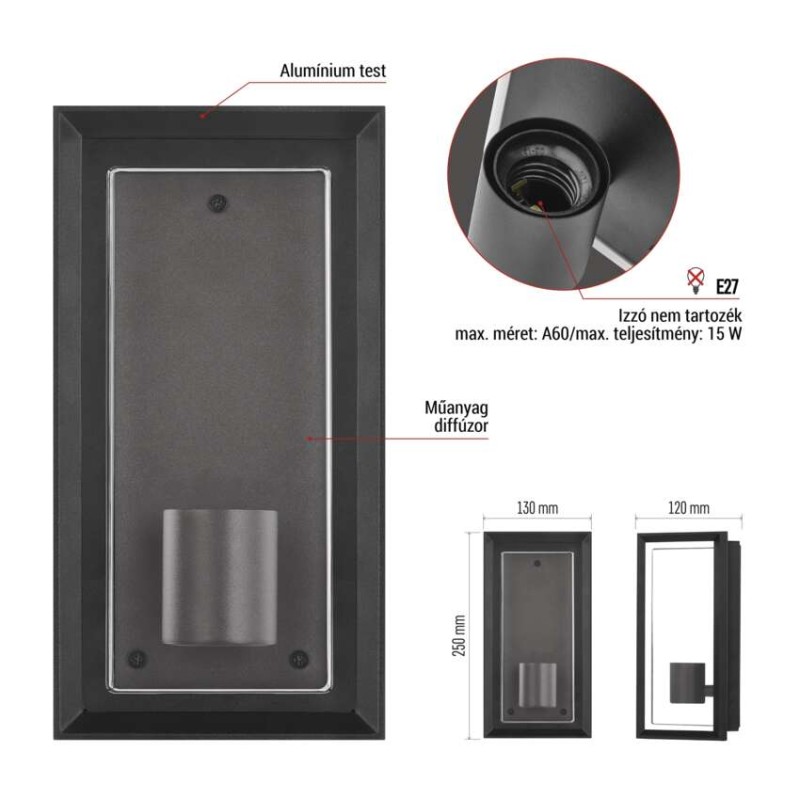 Kerti fali lámpa MALVA, 13 x 12 x 25 cm, 1 x E27, 15 W