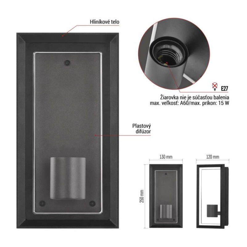 Záhradné nástenné svietidlo MALVA, 13 x 12 x 25 cm, 1 x E27, 15 W