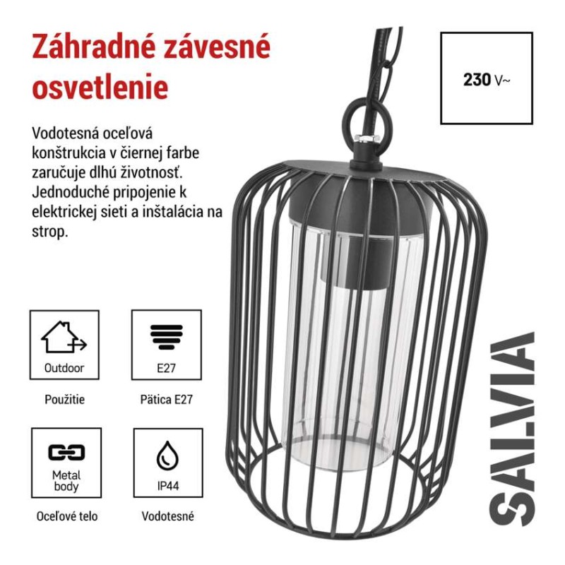 Zahradné závesné svietidlo SALVIA, 16 x 16 x 76 cm, 1 x E27, 15 W