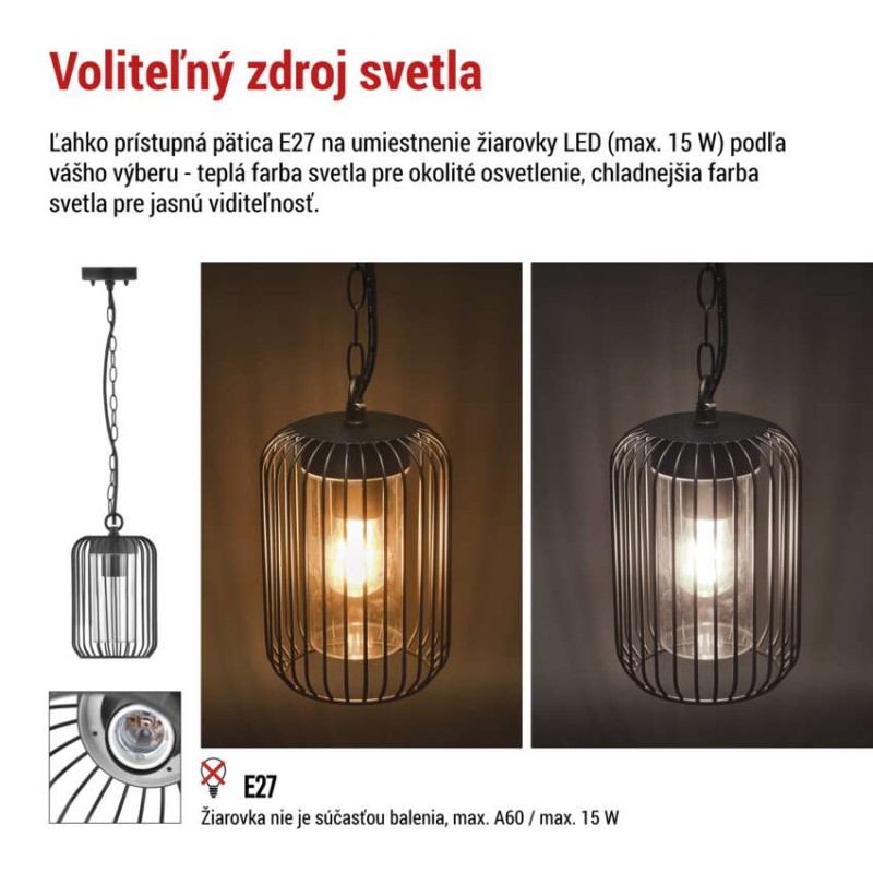 Zahradné závesné svietidlo SALVIA, 16 x 16 x 76 cm, 1 x E27, 15 W