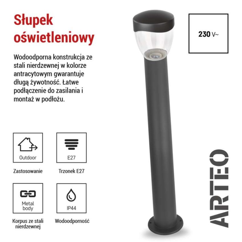 Słupek oświetleniowy Garden ARTEO 80cm, na żarówkę E27 max 15W, IP44