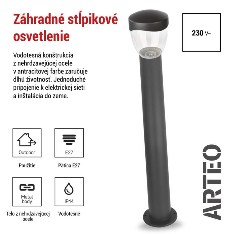 Záhradné stĺpikové svietidlo ARTEO, 12 x 12 x 80 cm, 1 x E27, 15 W
