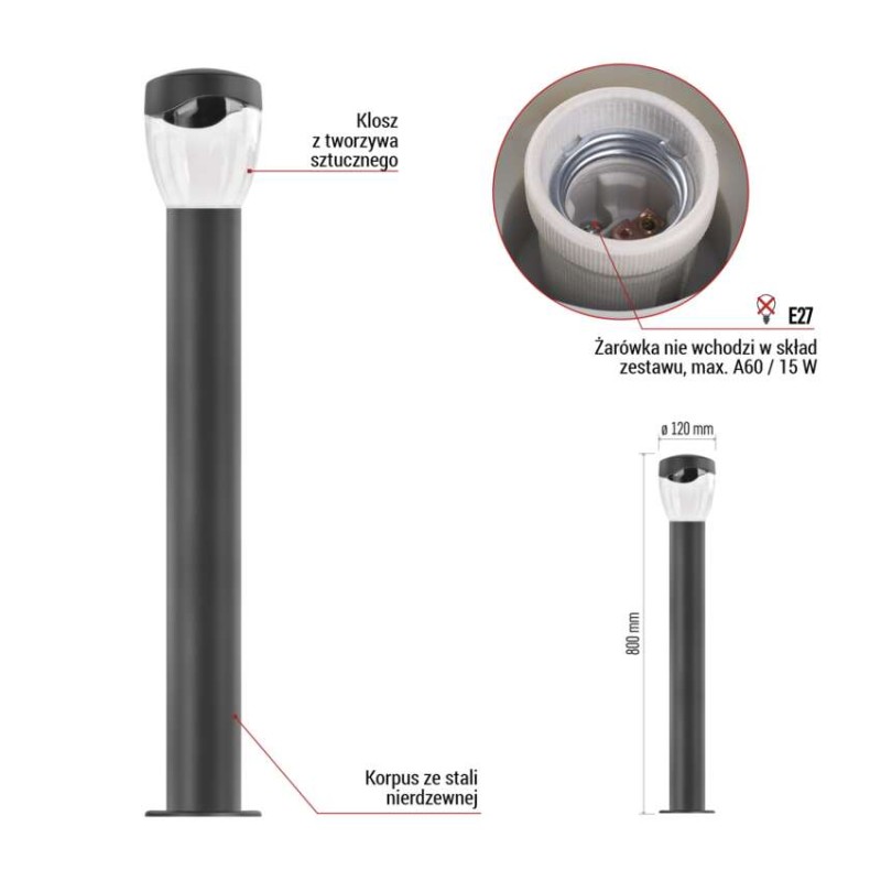Słupek oświetleniowy Garden ARTEO 80cm, na żarówkę E27 max 15W, IP44