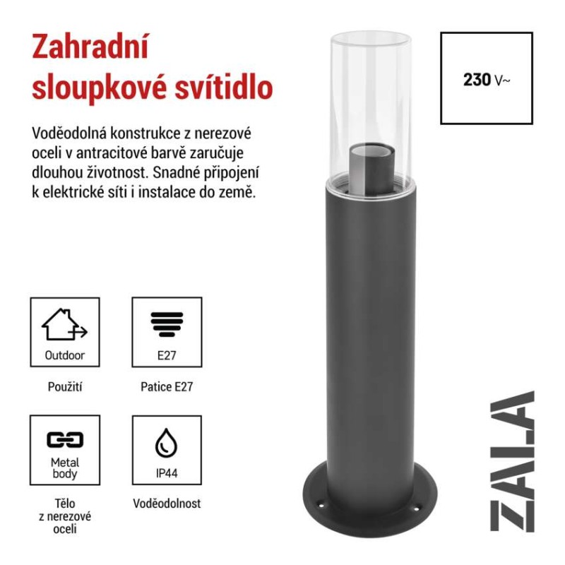 Zahradní sloupkové svítidlo ZALA, 14 x 14 x 50 cm, 1 x E27, 15 W