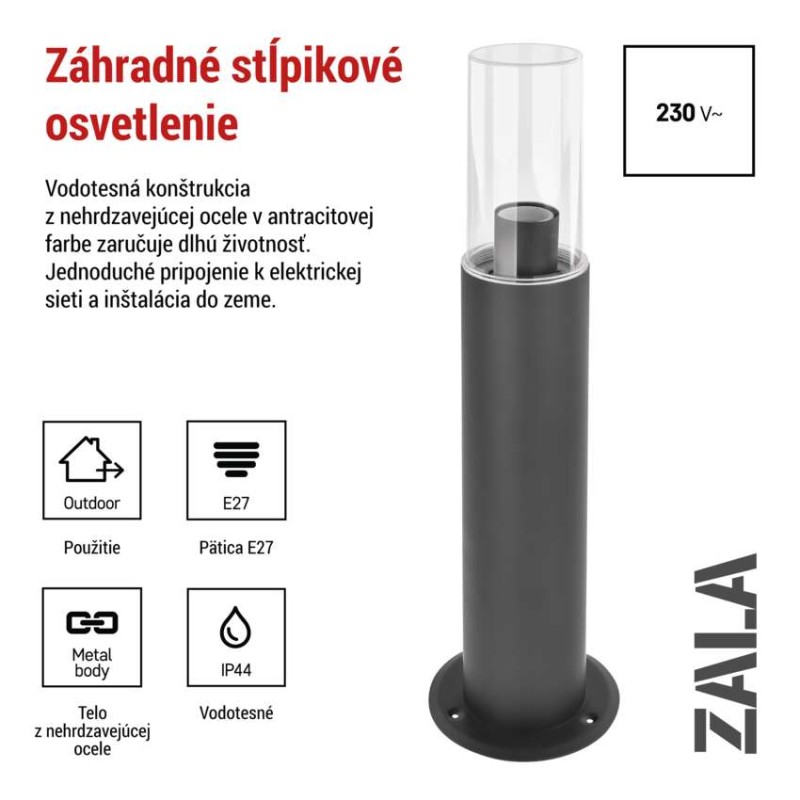 Záhradné stĺpikové svietidlo ZALA, 14 x 14 x 50 cm, 1 x E27, 15 W