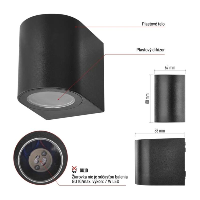 Záhradné nástenné svietidlo OCULUS, 8,8 x 6,7 x 8 cm, 1 x GU10, 1× 7W
