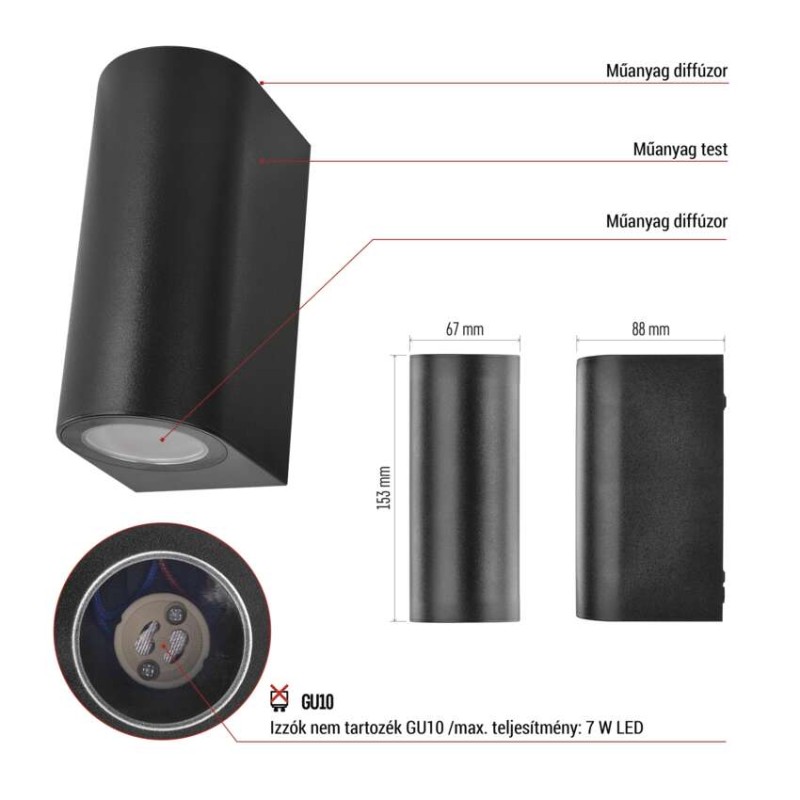 Kerti fali lámpa OCULUS, 8,8 x 6,7 x 15,3 cm, 2 x GU10, 2× 7W