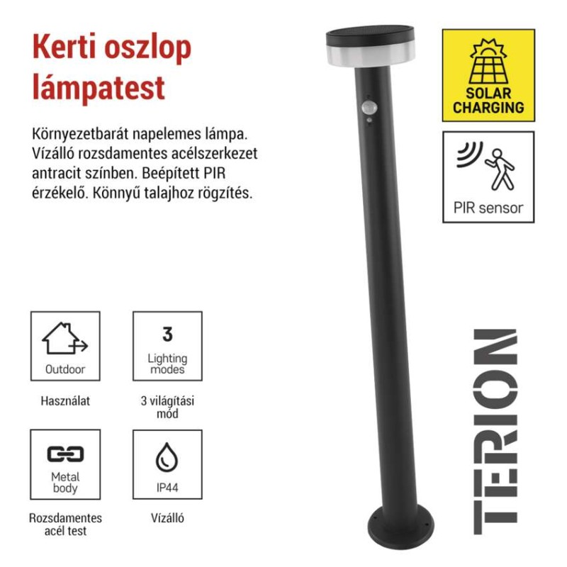 LED napelemes kerti oszloplámpa TERION szürkületérzékelővel, 12,5 x 12,5 x 80 cm