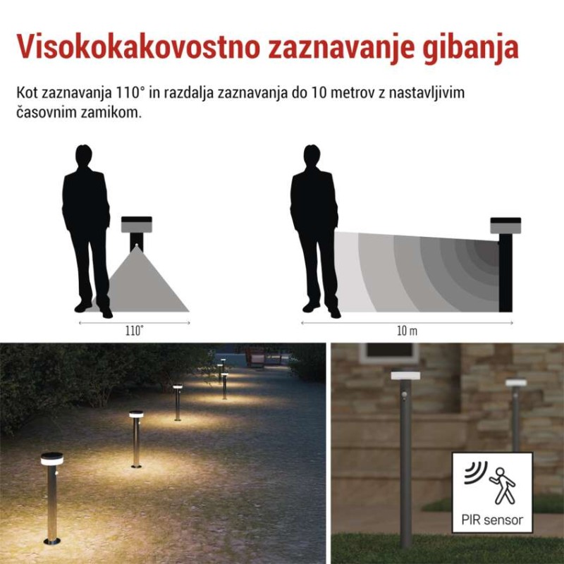 Vrtna LED stoječa svetilka TERION s PIR senzorjem, 12,5 x 12,5 x 80 cm