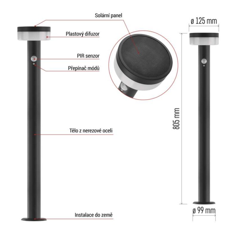 LED zahradní solární sloupkové svítidlo TERION, čidlo soumraku, 12,5 x 12,5 x 80 cm