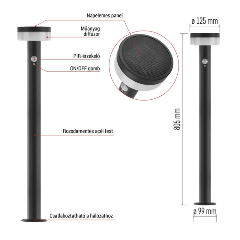 LED napelemes kerti oszloplámpa TERION szürkületérzékelővel, 12,5 x 12,5 x 80 cm