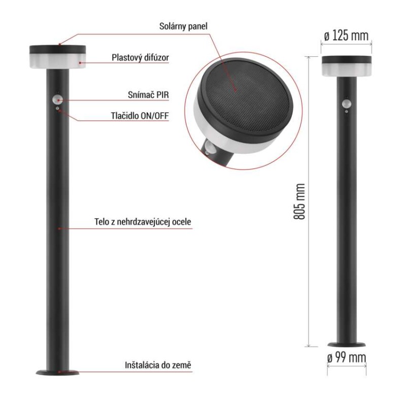 LED záhradné solárne stĺpikové svietidlo TERION, senzor súmraku, 12,5 x 12,5 x 80 cm