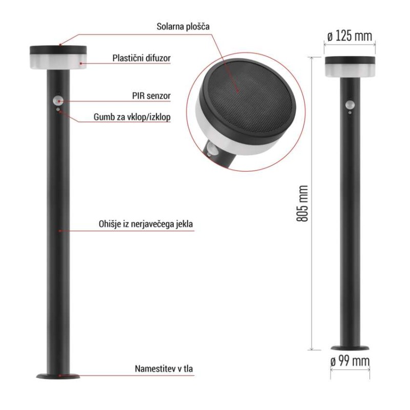 Vrtna LED stoječa svetilka TERION s PIR senzorjem, 12,5 x 12,5 x 80 cm