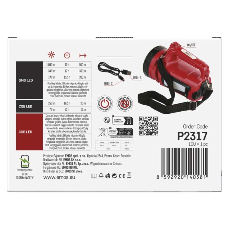 Latarka ładowalna LED, 1000 lm 15000 mAh