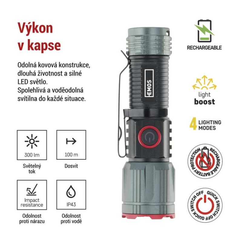 LED nabíjecí kovová svítilna 300 lm, 700 mAh