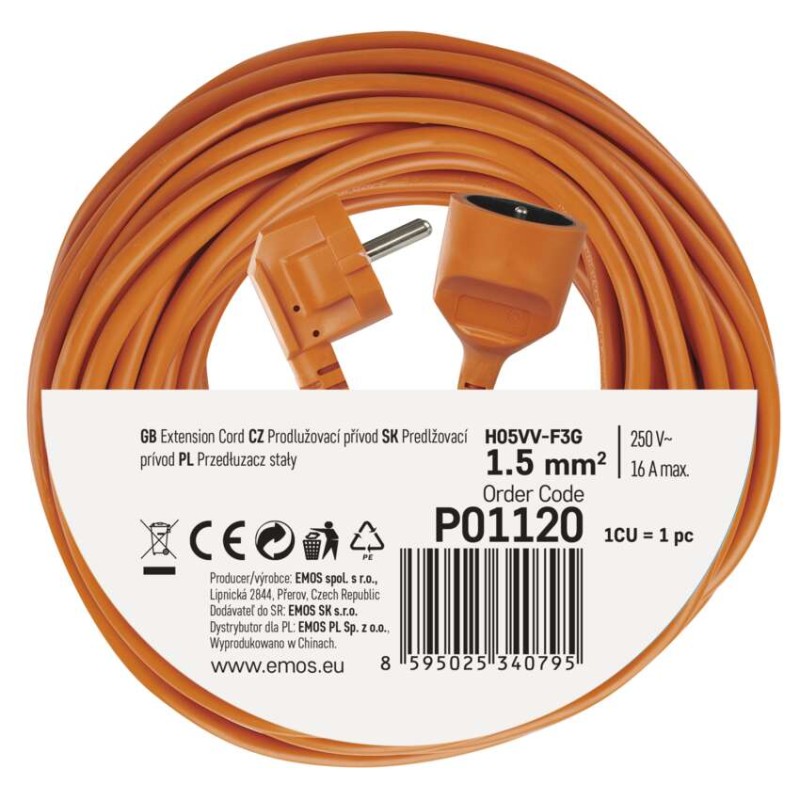 Prodlužovací kabel 20 m / 1 zásuvka / oranžový / PVC / 230 V / 1,5 mm2
