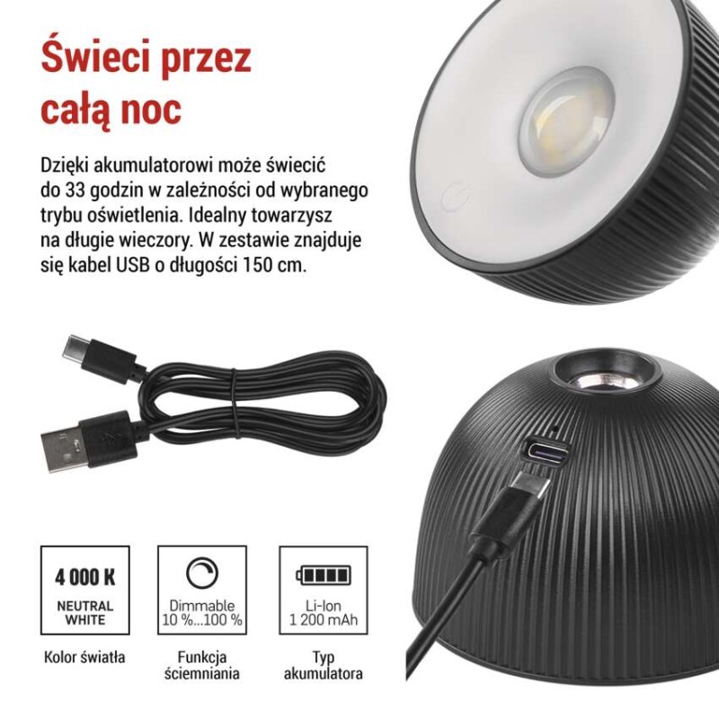Lampa biurkowa LED SOPHIE, ładowalna, czarna