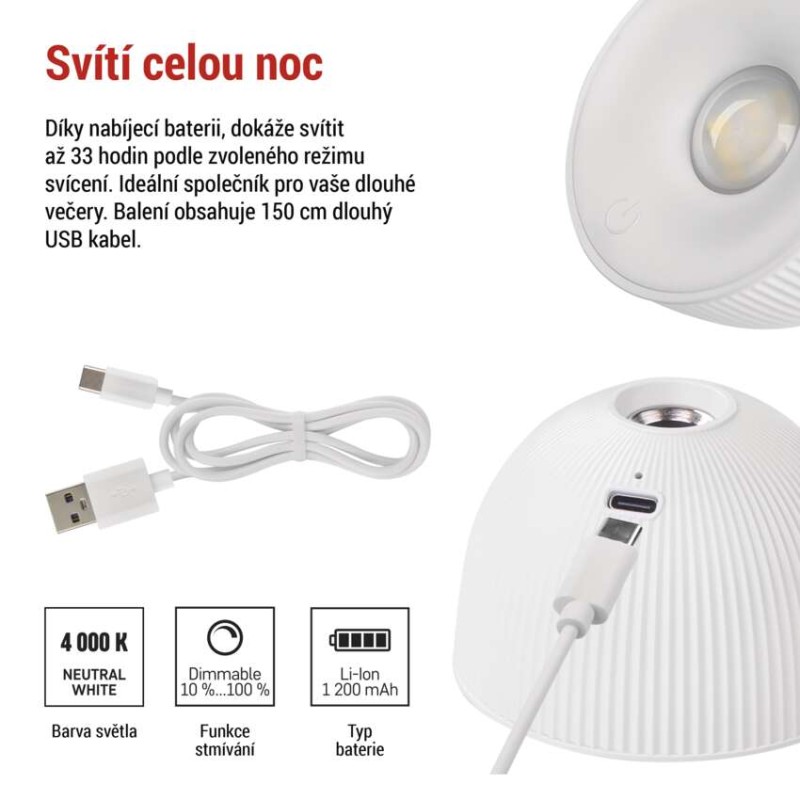 LED stolní lampa SOPHIE, nabíjecí, bílá