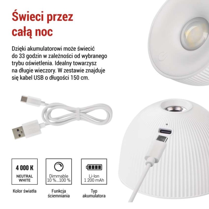 Lampa biurkowa LED SOPHIE, ładowalna, biała