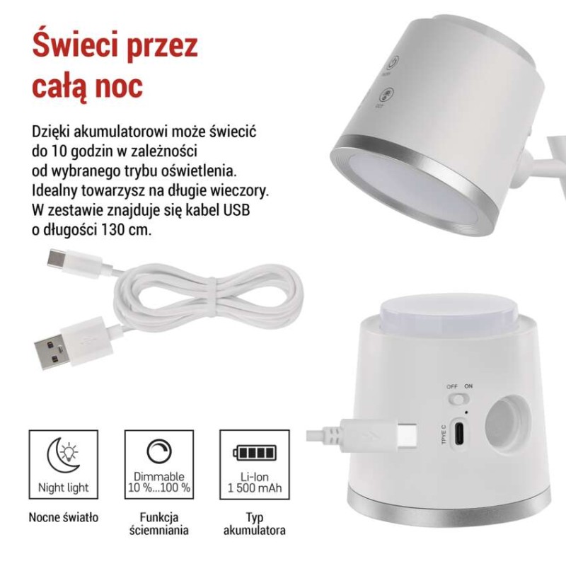 Lampa biurkowa LED ABBIE, ładowalna, biała