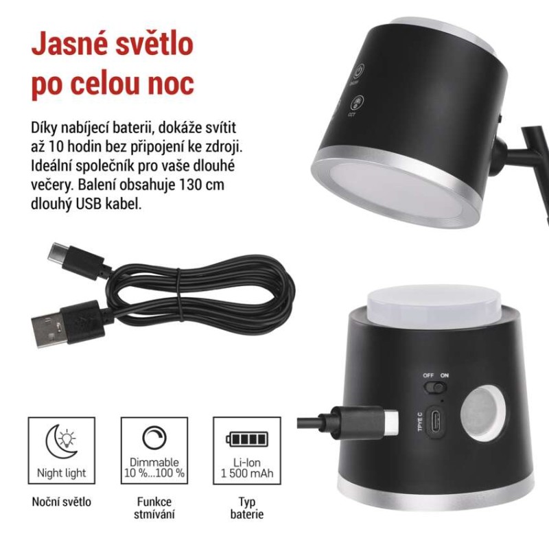 LED stolní lampa ABBIE nabíjecí, černá