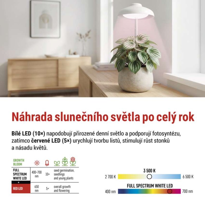 LED GROW pěstební lampa 5 W, časovač, bílá