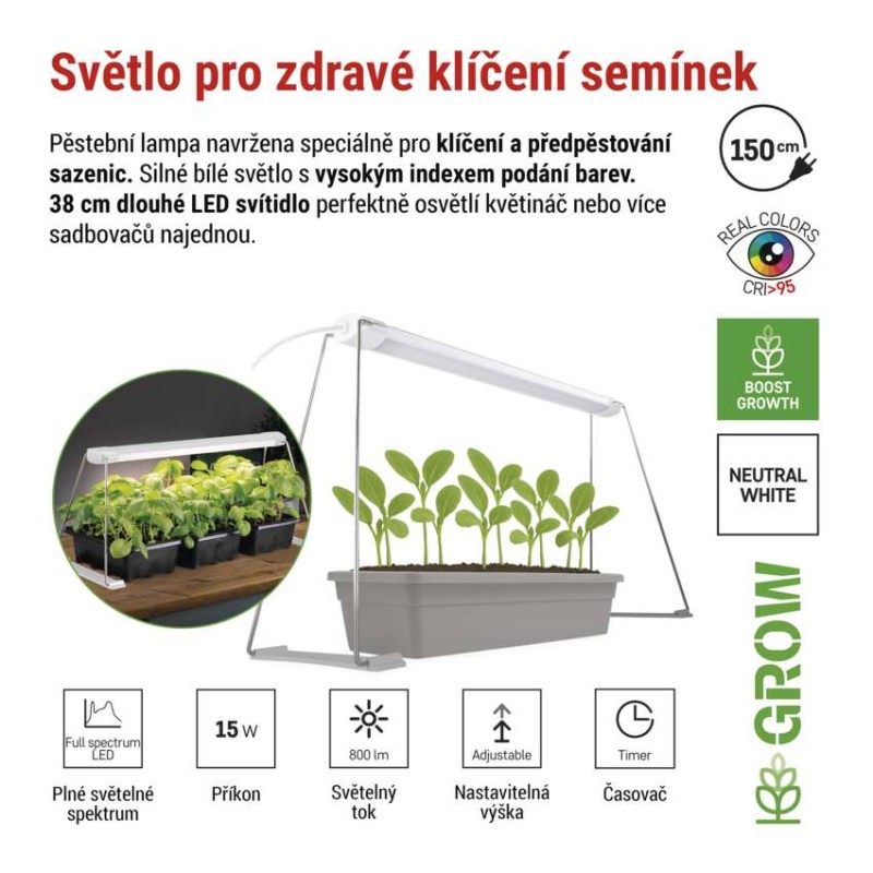 LED GROW pěstební lampa na sazenice 15 W, časovač, bílá