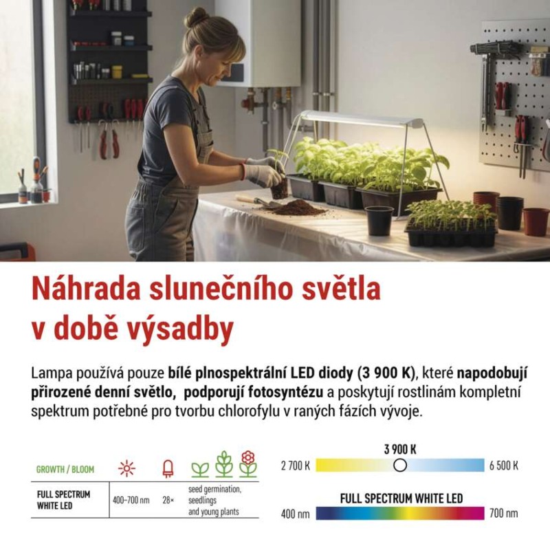 LED GROW pěstební lampa na sazenice 15 W, časovač, bílá