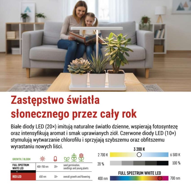 Lampa LED GROW do uprawy roślin 7 W, timer, ściemnialna, biała