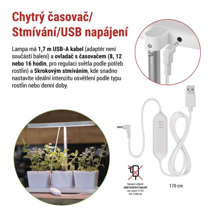 LED GROW pěstební lampa 7 W, časovač, stmívatelná, bílá