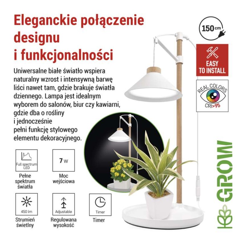 Lampa LED GROW do uprawy roślin 7 W, timer, biała