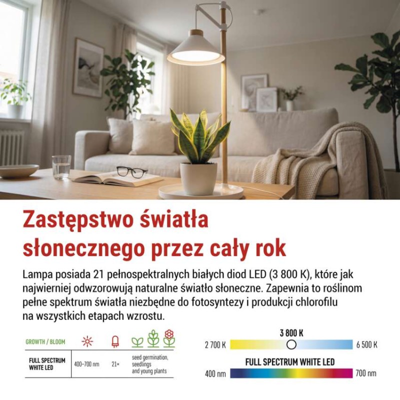 Lampa LED GROW do uprawy roślin 7 W, timer, biała