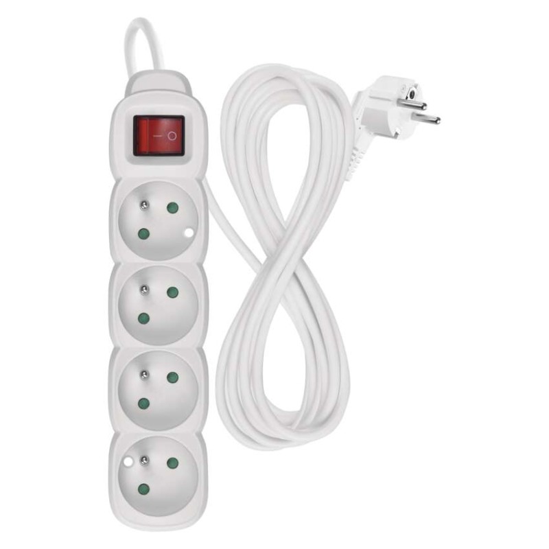 Prodlužovací kabel 5 m / 4 zásuvky / s vypínačem / bílý / PVC / 1,5 mm2